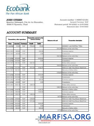 Printable Chad Ecobank bank statement excel sample